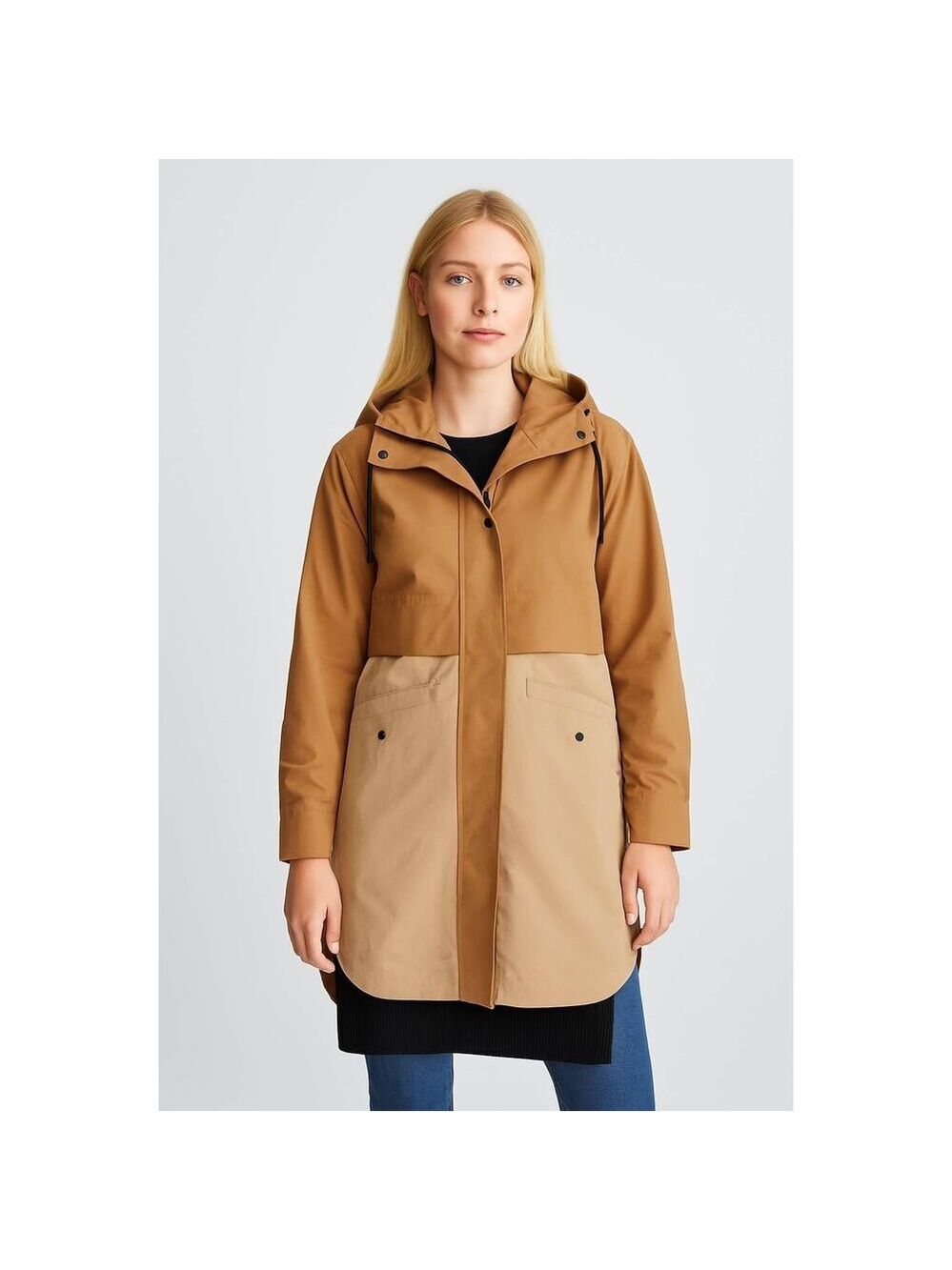 Everlane Long Anorak Jacket Brown Tan Two Tone XS Hooded Rain Coat NWT